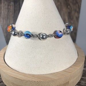 Vintage Sterling Silver 925 Millefiori Art Glass Flowers Beaded Bracelet 6.5”
